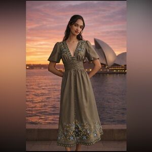 Elegant Olive Green Embroidered Dress